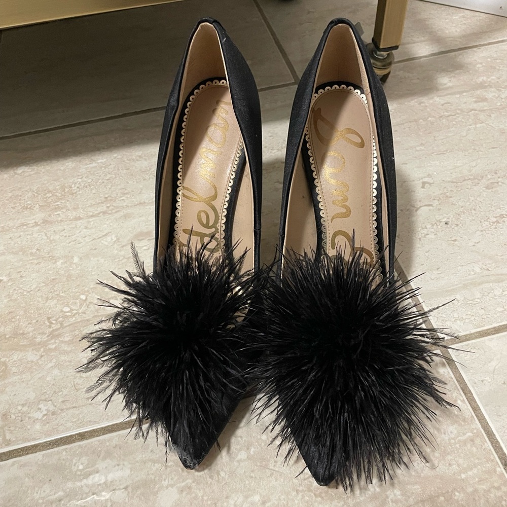 Sam Edelman satin heels with feather detail